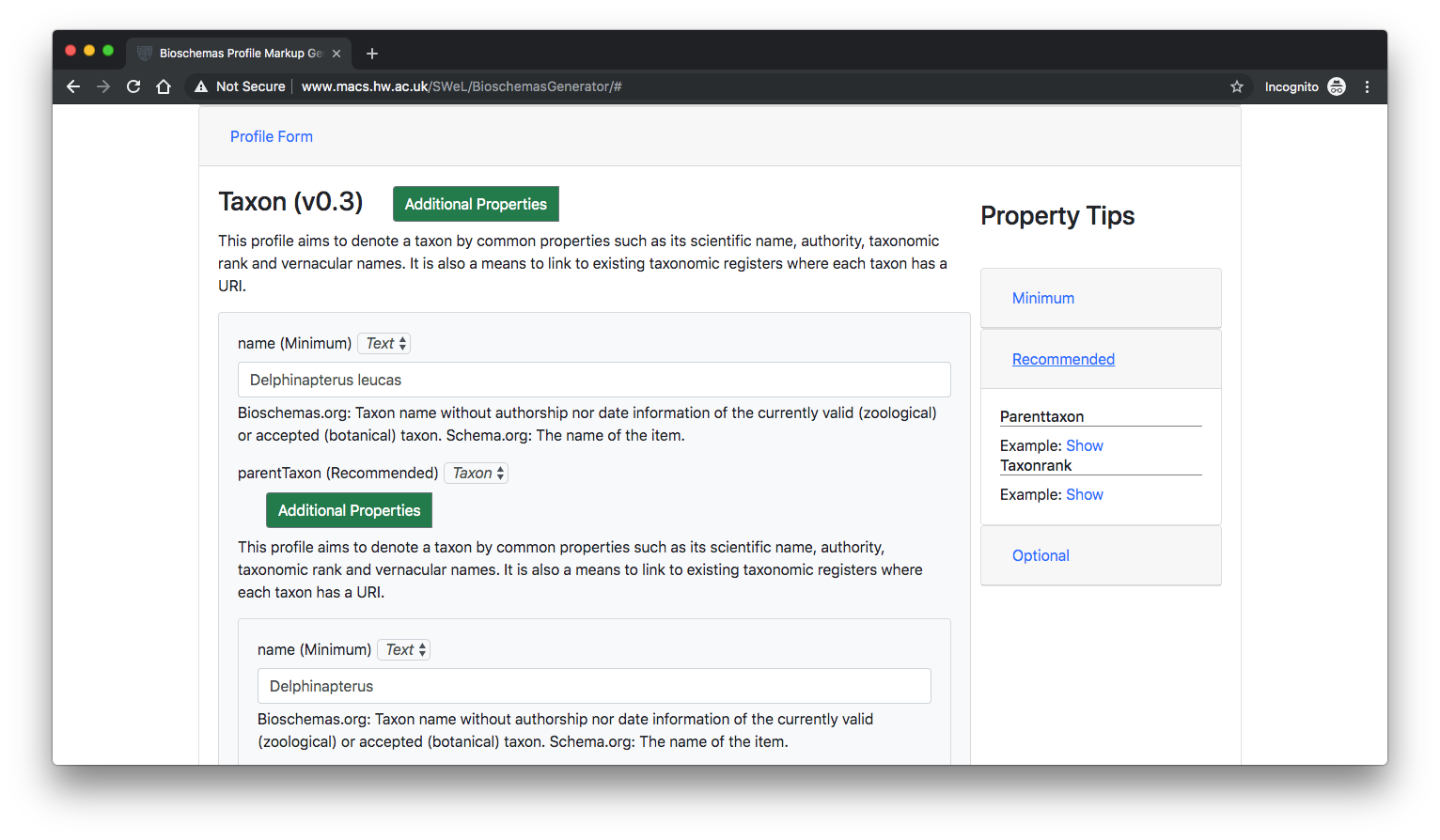 A [web application](http://www.macs.hw.ac.uk/SWeL/BioschemasGenerator/) for prototyping markup against the Bioschemas [profiles](https://bioschemas.org/profiles/).